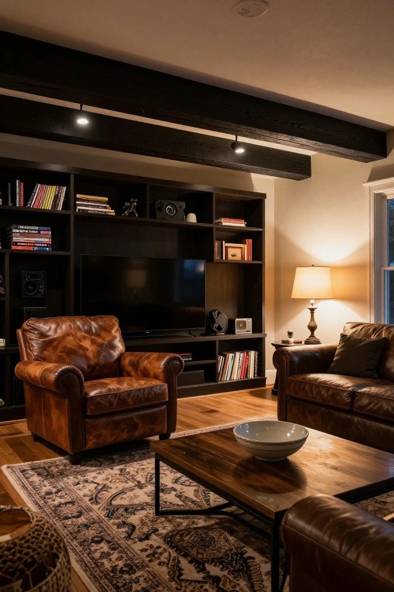 Living room with brown distressed leather armchair facing a black TV in dark wood shelving unit, leather sofa nearby, wooden coffee table on patterned rug, books and lamps on shelves.