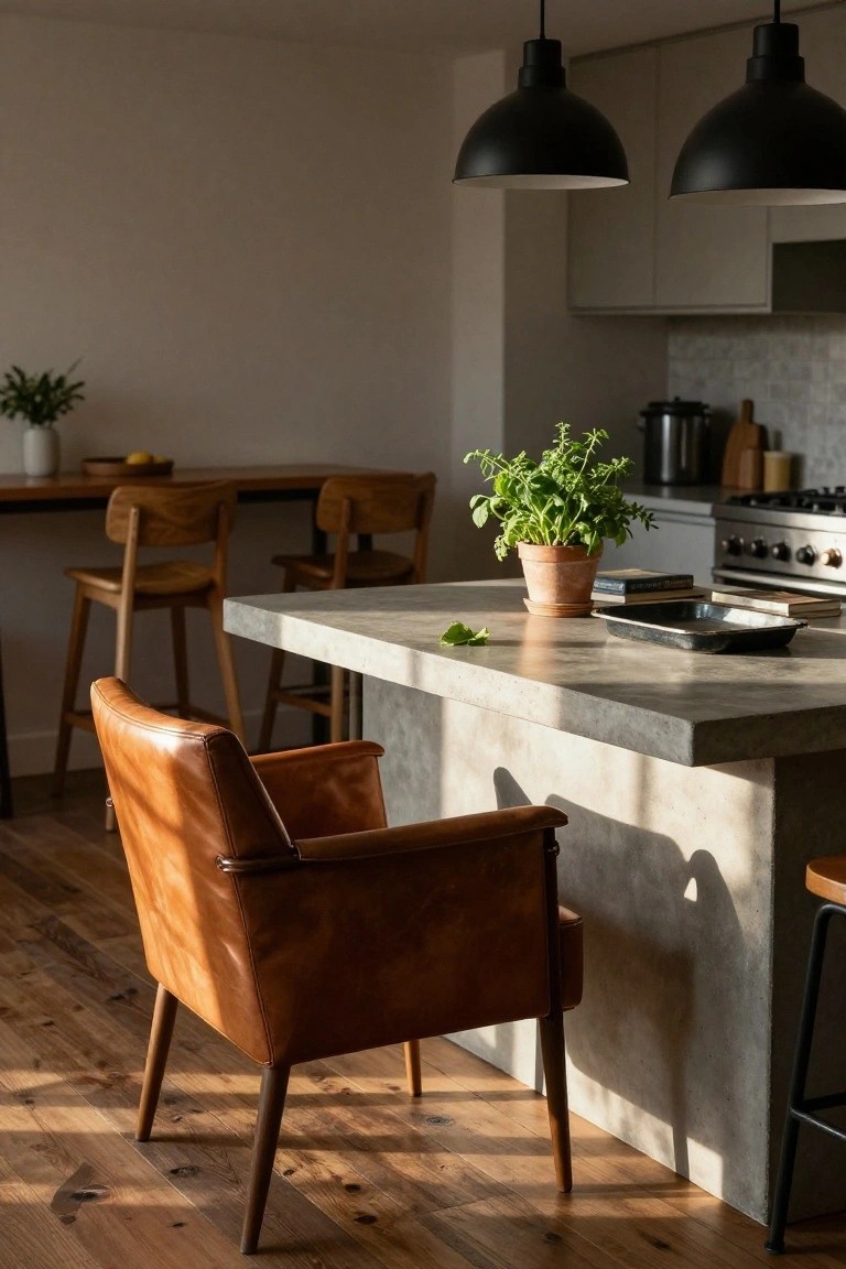 Tan leather armchair positioned beside a gray concrete kitchen island with a basil plant and metal tray on top, wooden floors, bar stools, and black pendant lights in a modern kitchen.