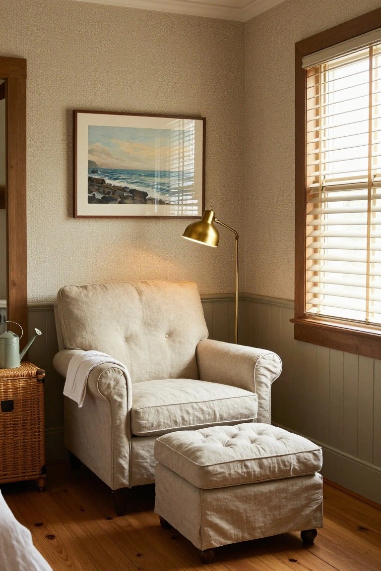 Beige tufted linen armchair with matching ottoman in a sunny room corner, beside a gold floor lamp, wicker side table holding a watering can, seascape painting on wall, and window with wooden blinds.
