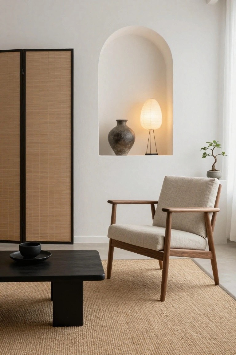 A cream-upholstered wooden armchair with slatted arms next to a low black rectangular coffee table on a seagrass rug in a minimalist white room featuring bamboo folding screens and an arched wall niche with a black vase, paper lantern, and potted plant.