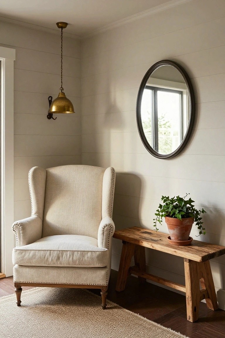 Cream-colored wingback armchair with nailhead trim next to a rustic wooden bench holding a potted ivy plant, in a beige shiplap-walled room corner with a round mirror, brass sconce, and window.