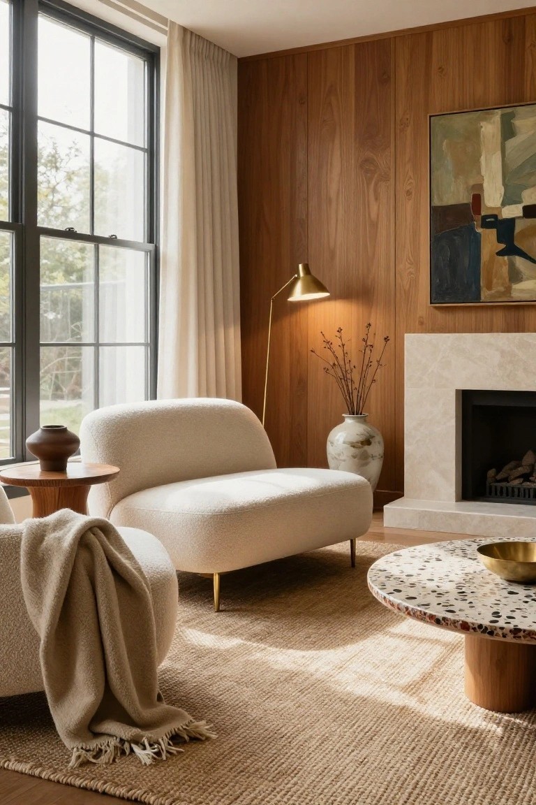 A creamy white bouclé armchair with curved arms and gold legs positioned in a wood-paneled living room corner near a limestone fireplace, side table, rug, and large window.