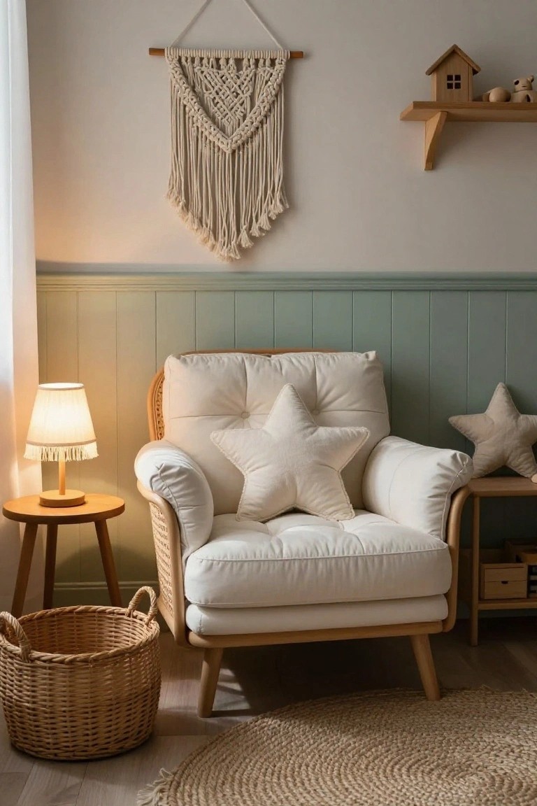 Cozy indoor nursery corner featuring a white rattan armchair with cream cushions and star-shaped pillows, beside a wooden side table with a fringed lamp, against mint green wainscoting and neutral walls with macrame hanging and woven basket.