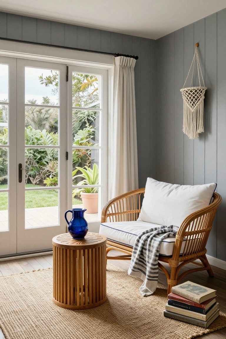 Gray shiplap-walled interior room with white-cushioned rattan armchair, striped throw, wooden drum side table holding blue vase, stack of books on seagrass rug, and French doors to lush garden.