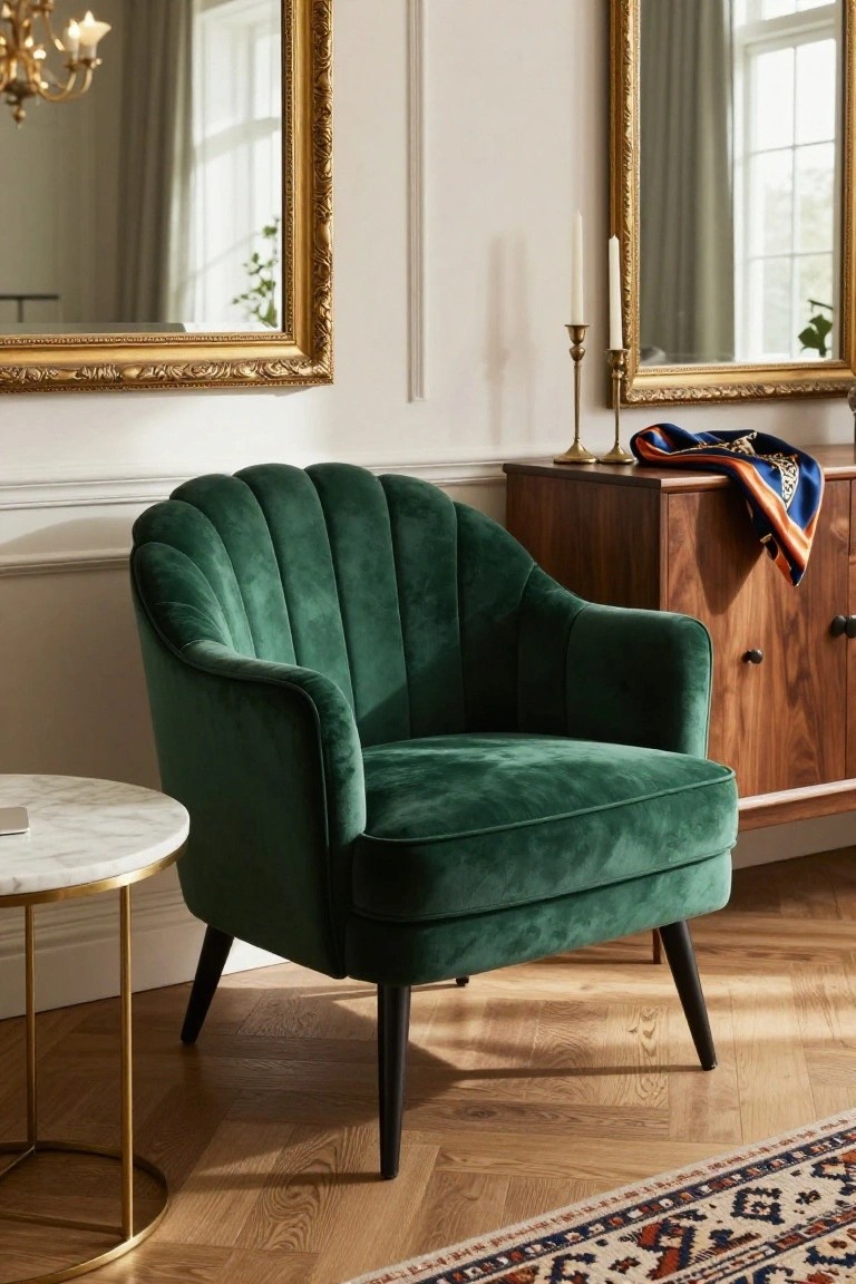 A green velvet armchair with scalloped fan back and black legs positioned next to a round gold-based marble side table in a room featuring ornate gold-framed mirrors, a wooden cabinet, and parquet flooring.