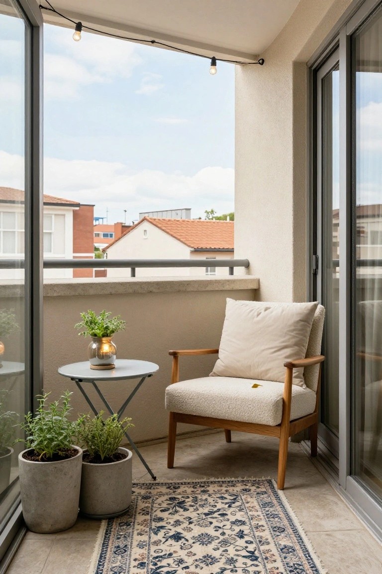 Beige upholstered armchair with wooden frame on a balcony next to a small round metal table with a glass candle holder and potted plant, two gray pots of herbs beside it, blue and white rug on tiled floor, string lights overhead, and open sliding glass doors showing urban view.