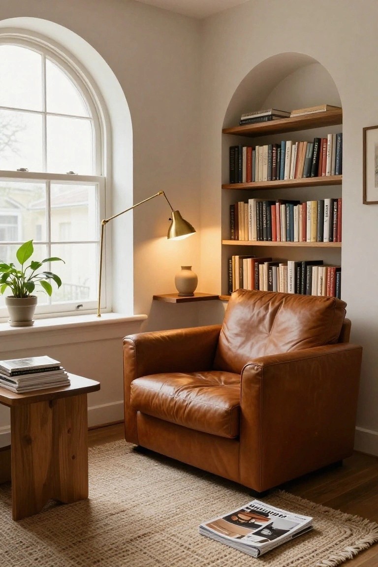Tan leather armchair in a light room corner with built-in wooden bookshelves around an arched window, brass adjustable lamp, potted plant on windowsill, wooden side table with stacked magazines, and seagrass rug on wood floor.