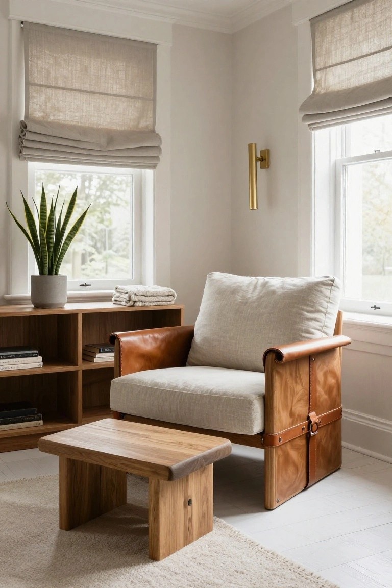 A cream linen armchair with brown leather-wrapped wooden arms and straps sits in a light room by tall windows with beige roman shades, next to a wooden bookshelf holding books and blankets, a potted snake plant, and a low wooden stool on a cream rug.