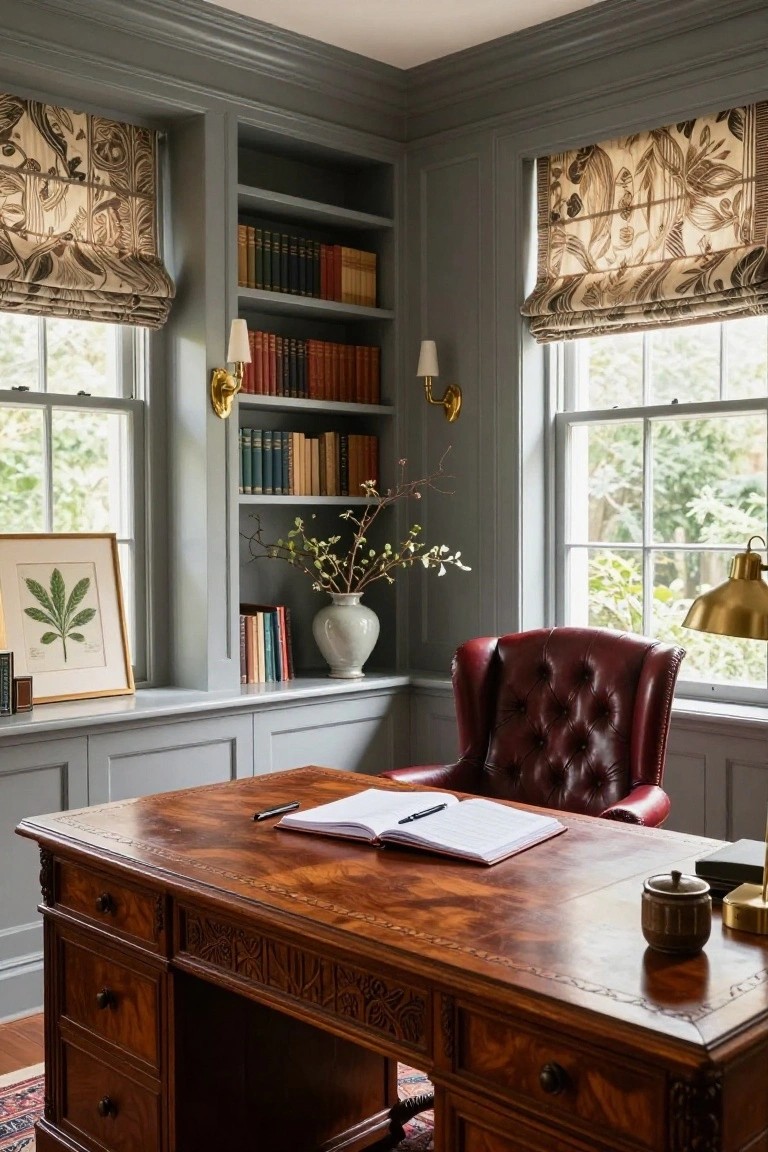 Corner home office with gray paneled walls and built-in bookshelves flanking two multipaned windows covered in patterned roman shades, wooden desk topped with open notebook and lamp, red tufted leather armchair, and shelf with ceramic vase containing branches.
