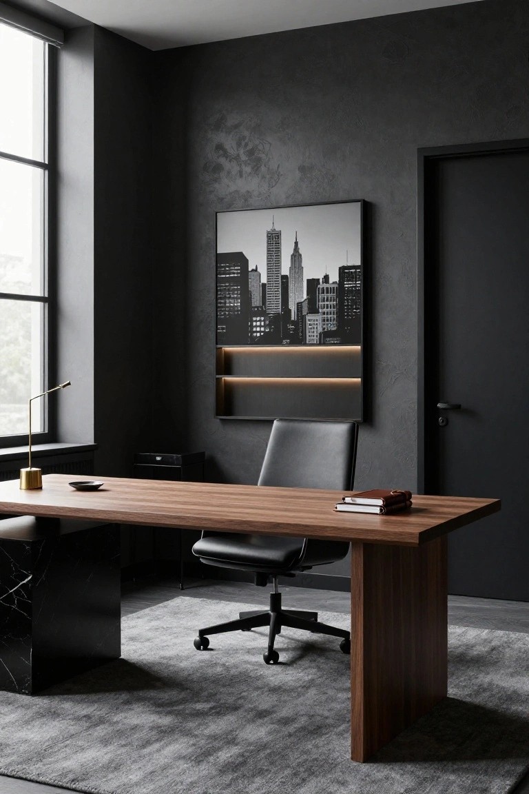 A modern executive home office with dark textured gray walls, a large rectangular walnut desk on a marble base, black leather swivel chair, gold desk lamp, and black-and-white New York skyline artwork next to a large window.