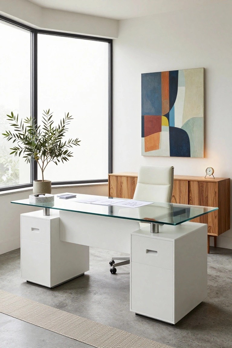 Modern executive office with white glass-top desk on pedestals, white leather chair on casters, potted olive tree, abstract geometric wall art, wooden credenza with clock, and large corner window.