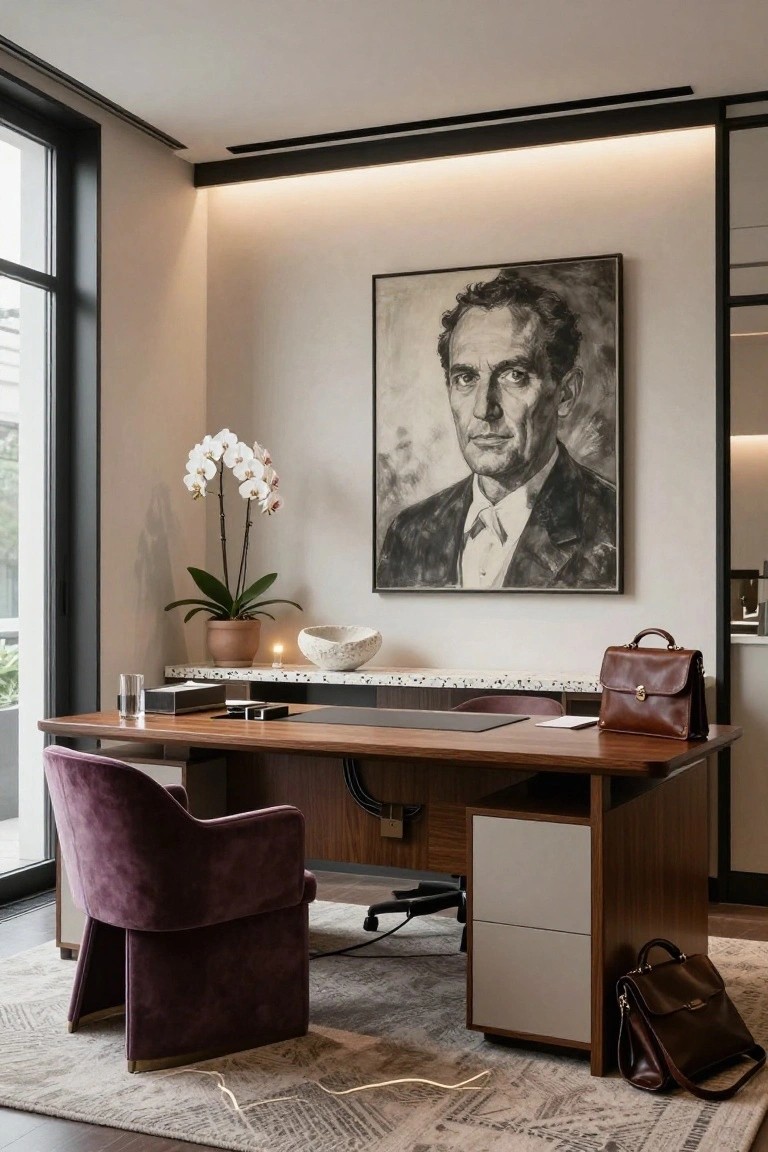 Modern office with wooden desk, purple velvet chair, and large portrait.