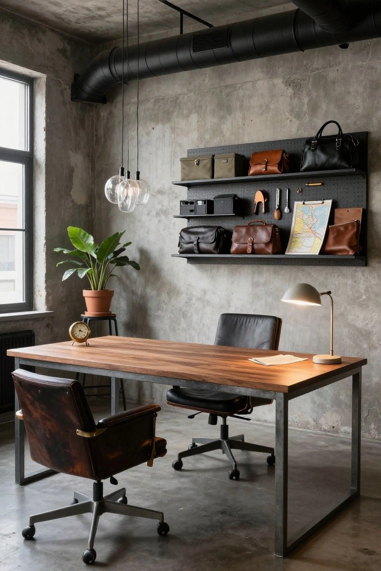 Industrial office with exposed concrete walls, metal-framed wooden desk, two leather chairs, potted plant, desk lamp, small clock, and black wall-mounted shelves and pegboard displaying leather bags, briefcases, and accessories.