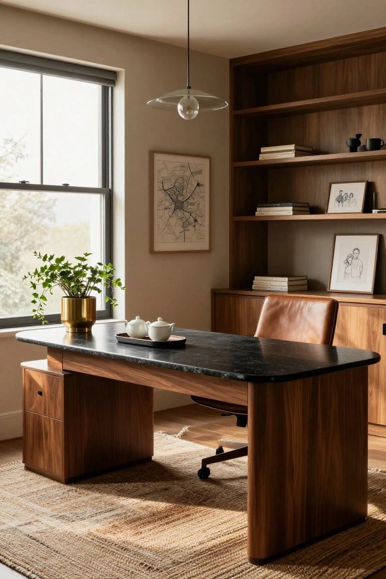 Home office with built-in walnut shelving, large walnut desk topped in black stone, tan leather desk chair on wheelbase, gold potted plant, white teacups on tray, artwork on walls, and large window with natural light.