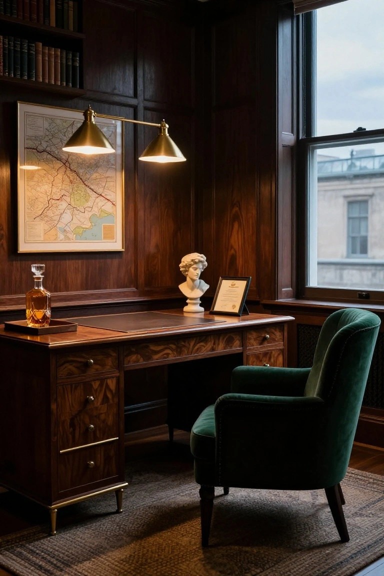 Wood-paneled office corner with leather-topped desk, green velvet armchair, brass adjustable desk lamps over a framed map, marble bust, whiskey decanter, bookshelves, and large window.