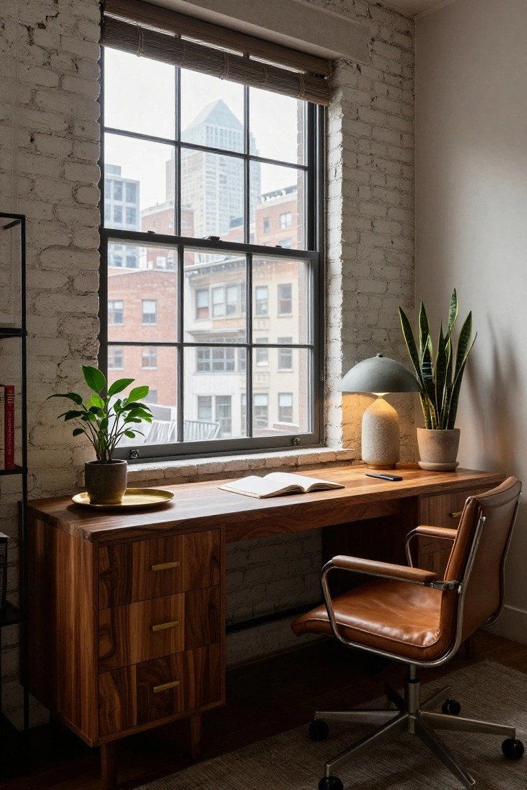 Exposed brick interior office featuring a large wooden desk with drawers, tan leather office chair, potted plants, table lamp, open book, and large window overlooking city buildings.