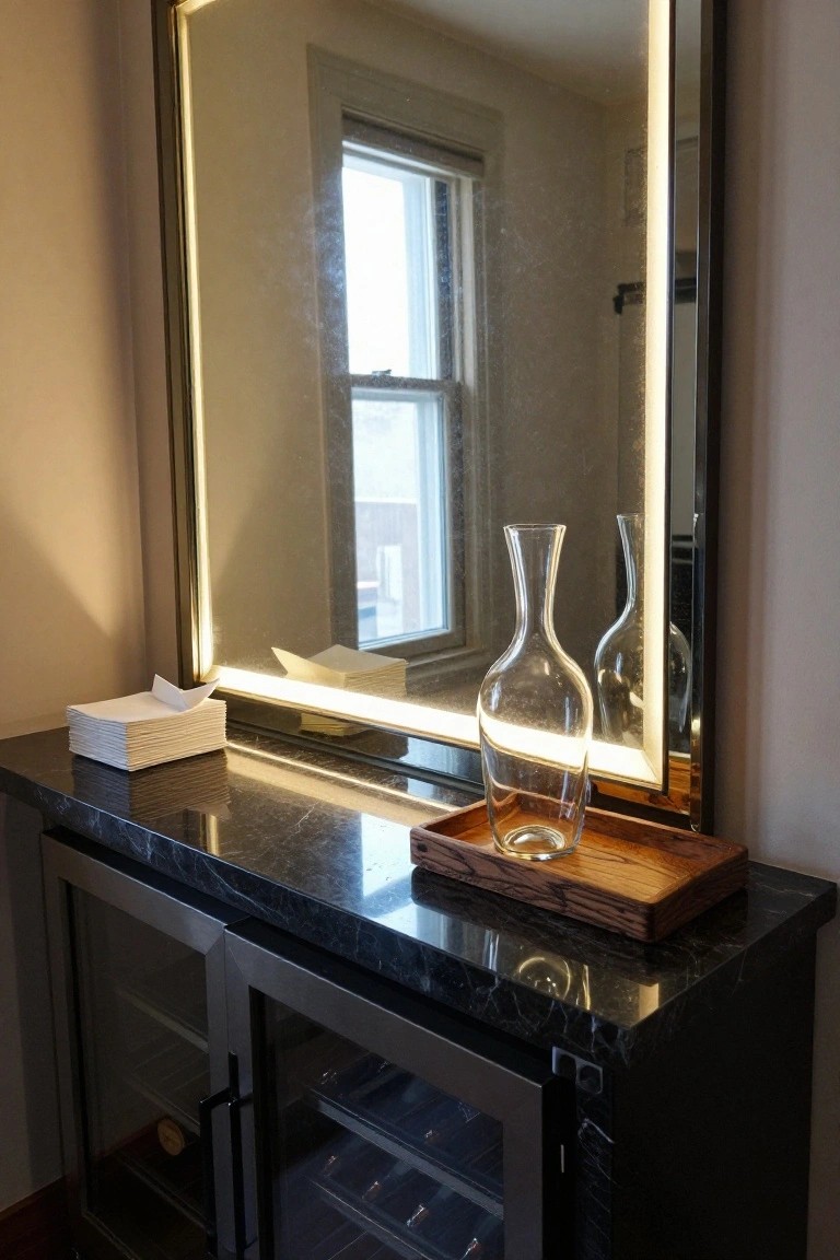 Black marble console serving as back bar with glass-door wine cooler below, wooden tray holding clear glass carafe on top next to stack of white napkins, and tall lit-frame mirror reflecting window behind in indoor room.