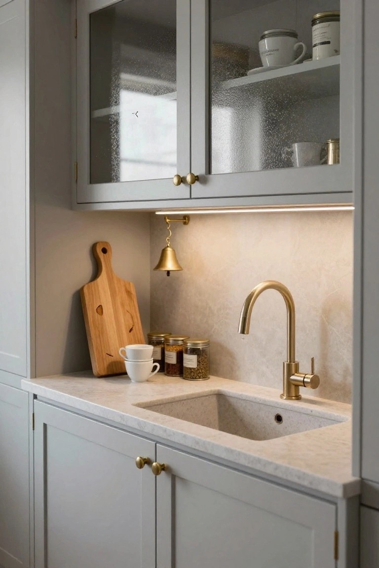 Closeup of gray kitchen cabinets with glass doors, white stone countertop and integrated sink, curved brass faucet and knobs, wooden cutting board, and spice jars on the counter.