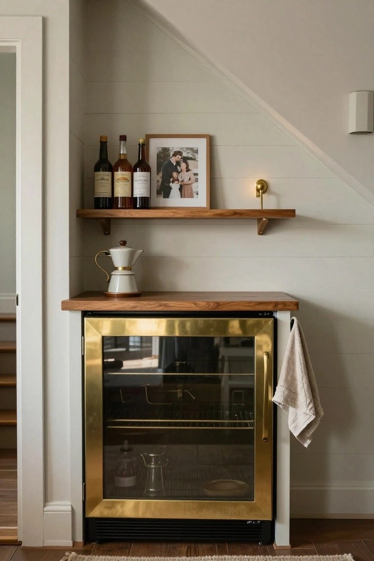 Gold-framed glass-door wine refrigerator in a corner under wooden stairs, topped with wooden shelves holding wine bottles, a framed family photo, and a white moka pot on the teak countertop with a beige towel draped over the door.
