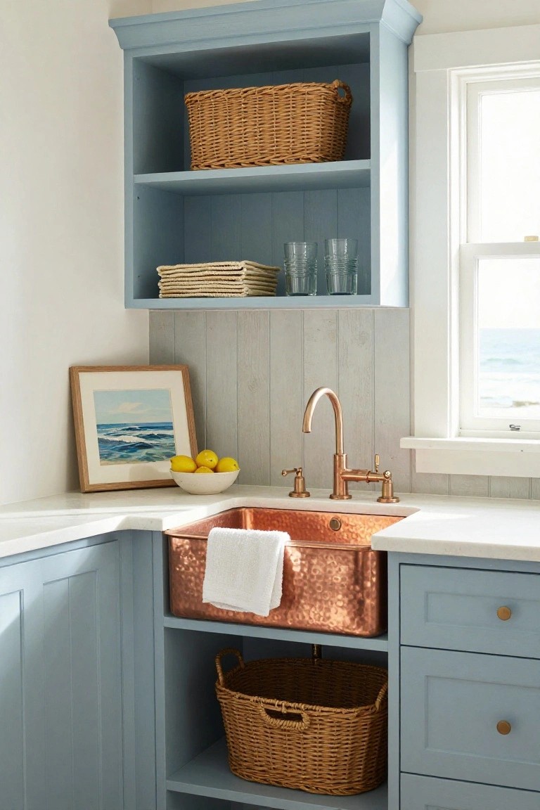 Corner indoor sink area with hammered copper apron-front sink, blue cabinets, wicker baskets, glass jars on open shelves, bowl of lemons, ocean painting, shiplap wall, and window overlooking sea.
