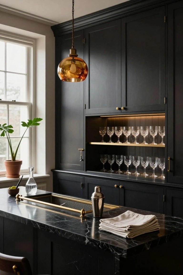 Interior of a black cabinetry back bar with illuminated open shelves displaying rows of crystal stemware, brass hardware, a cocktail shaker, gold ice strainer on a black marble countertop, and a potted plant by the window.