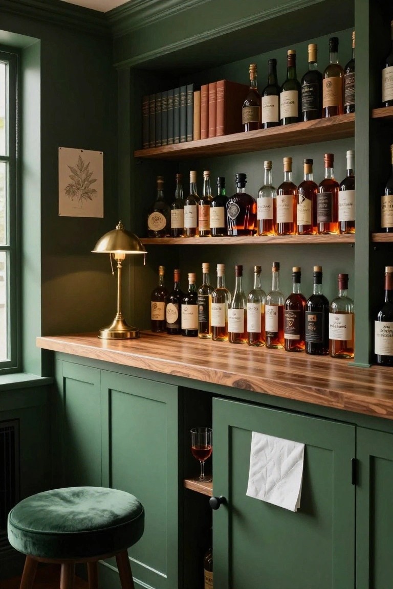 Corner built-in bar with deep green cabinets, tiered wooden shelves holding many liquor bottles, brass desk lamp on wood countertop, green velvet stool, and wine glass nearby.