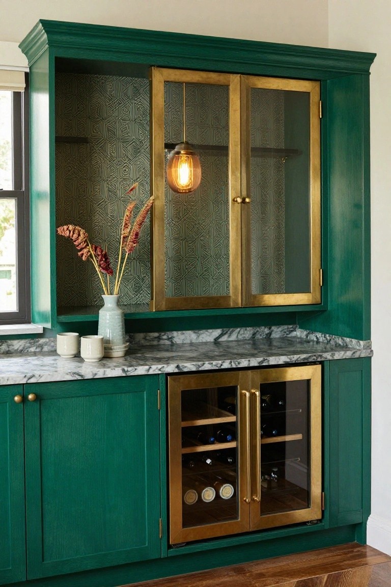 Emerald green painted cabinetry forming a back bar with gold-framed glass upper doors backed by patterned wallpaper, a hanging bulb light, marble countertop with ceramic cups and vase of dried branches, and glass-front wine cooler below.