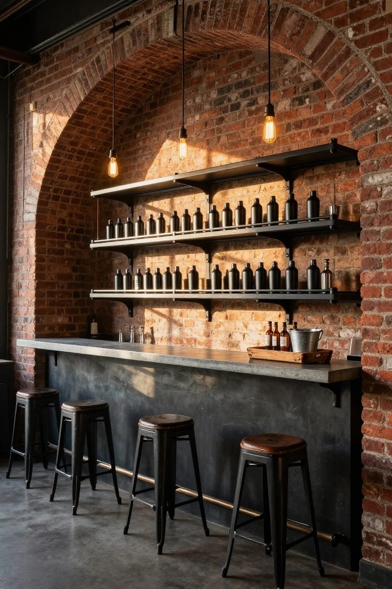 Back bar area with exposed red brick arch wall featuring three tiers of black metal shelves holding dark glass bottles, concrete countertop, wooden tray with small bottles, and black metal stools.