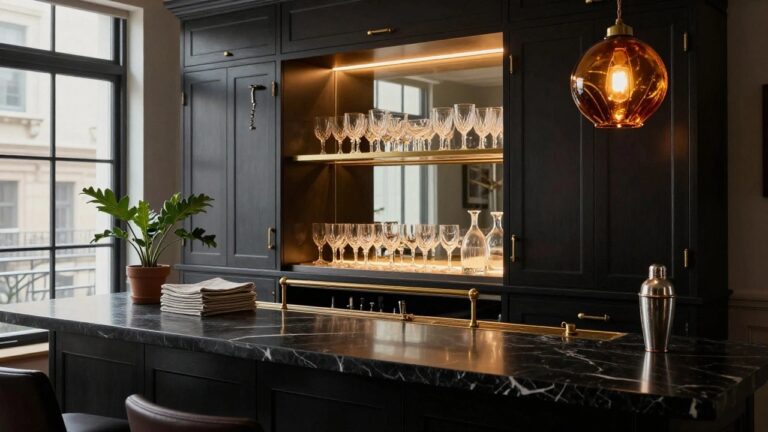 18 Dramatic Back Bar Design Ideas For A Statement Look Interior of a black cabinetry back bar with illuminated open shelves displaying rows of crystal stemware, brass hardware, a cocktail shaker, gold ice strainer on a black marble countertop, and a potted plant by the window.
