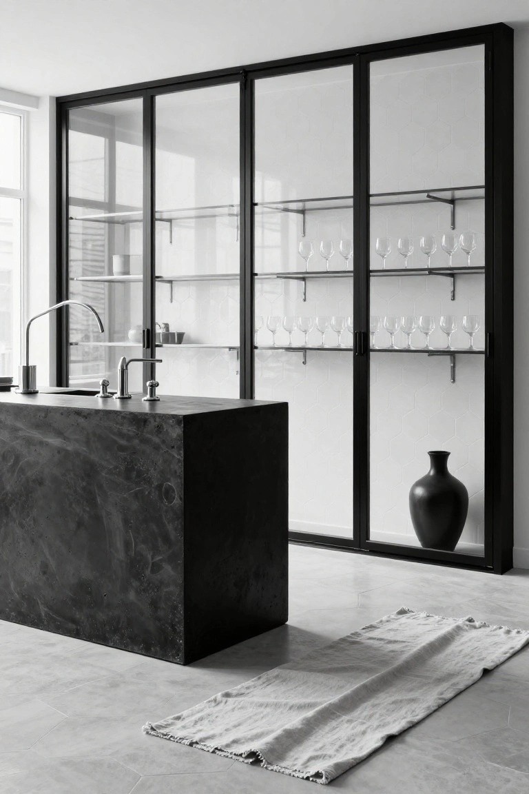 Modern kitchen with black stone island and sink in front of tall black-framed glass doors containing shelves of wine glasses and white tile backsplash on gray hexagonal floor tiles.