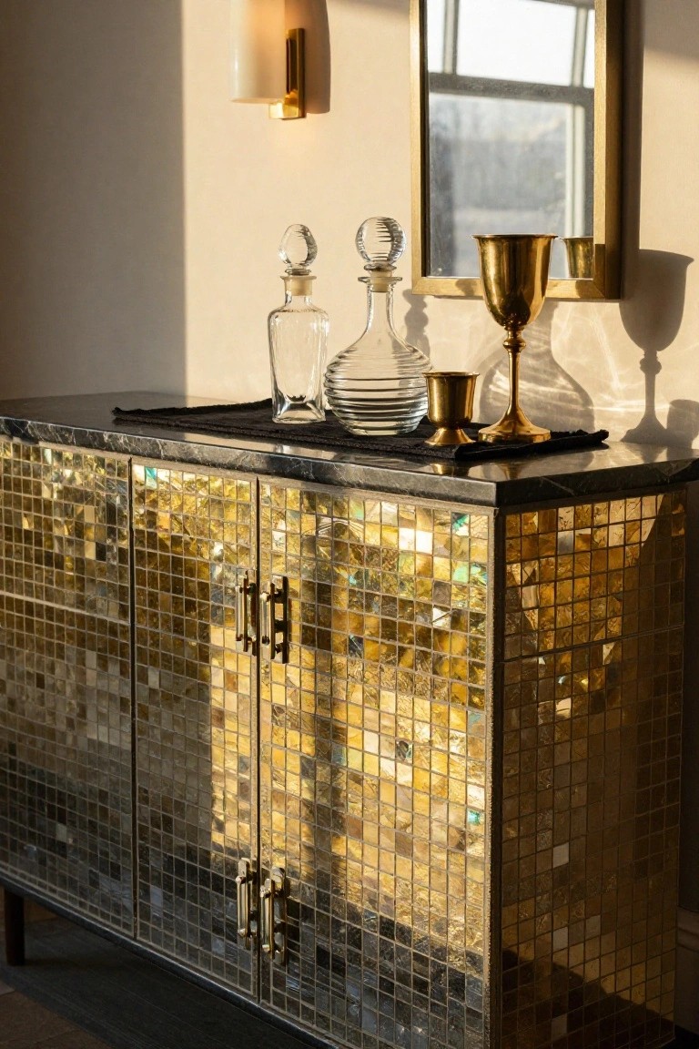 Gold mosaic mirrored credenza with black marble top holding crystal decanters, brass chalice, and small cup on a black tray, next to a wall mirror and sconce in a light-filled interior.