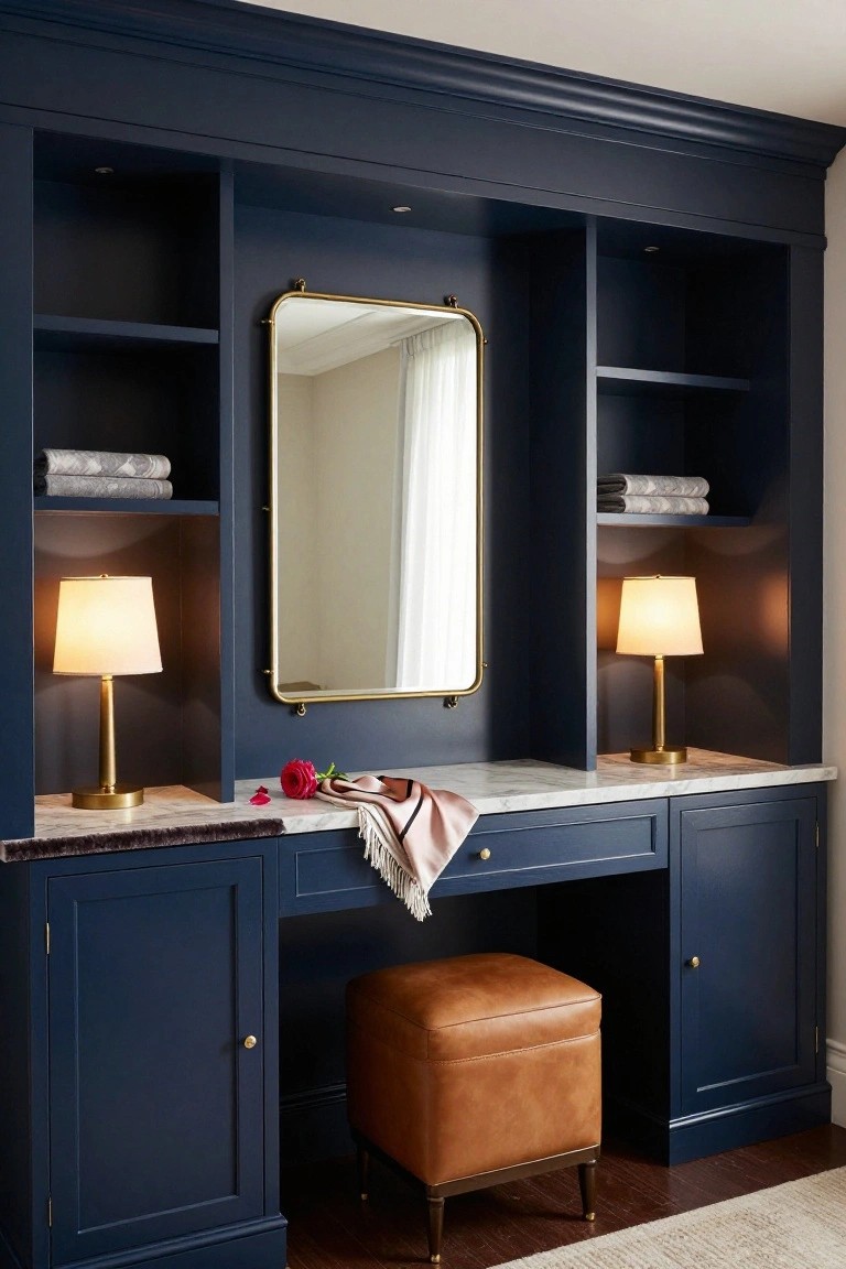 Navy blue built-in cabinetry with open shelves and doors surrounding a central gold-framed mirror, marble-topped vanity, gold lamps, and folded towels on shelves.