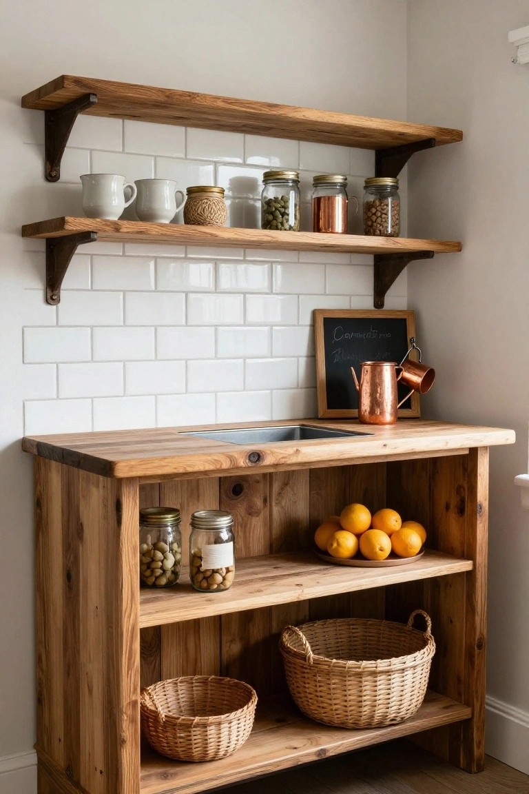 Wooden open shelves on white subway tile wall above wooden counter with sink, holding white mugs, glass jars with beans and nuts, copper pots, basket, and oranges in a kitchen corner.