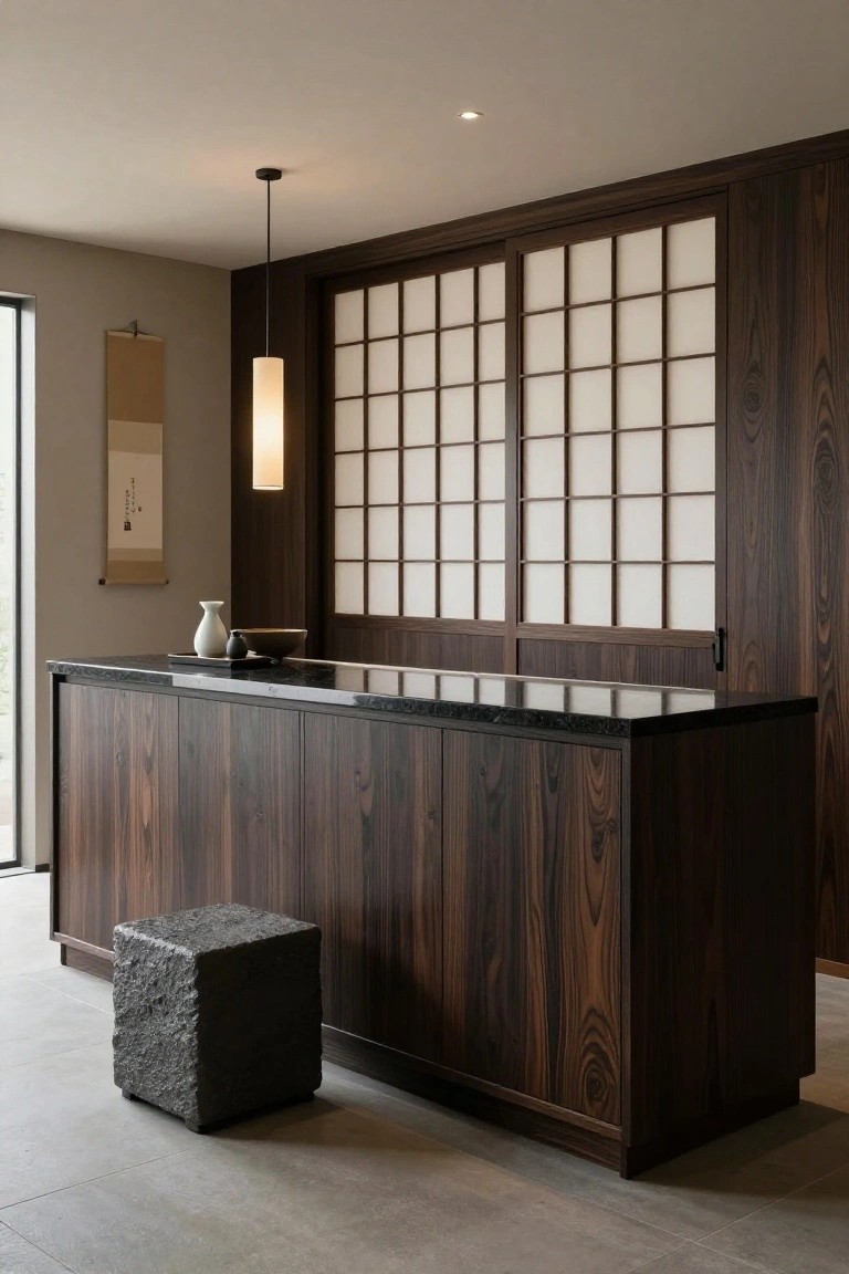 Interior photo of a minimalist bar counter with dark wood cabinets, black stone countertop, shoji screens on the wall behind, a stone stool, ceramic vases, and a hanging lamp.