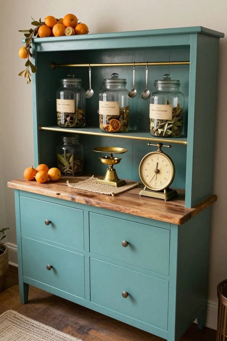 Teal painted wooden hutch with open shelves displaying labeled glass jars of dried herbs fruits and bay leaves, hanging brass spoons, a brass scale, clock on wood countertop, fresh oranges, and drawers below.