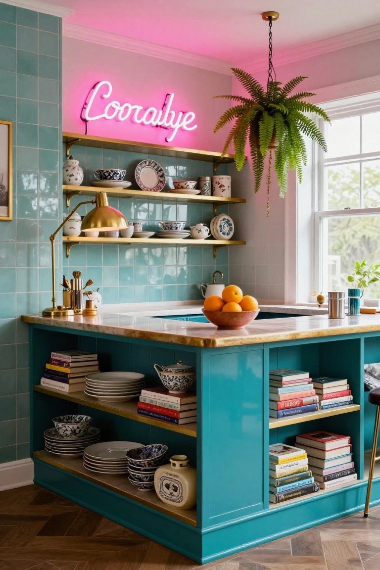 Kitchen island painted teal with open shelves holding dishes, books, and ceramics, a neon