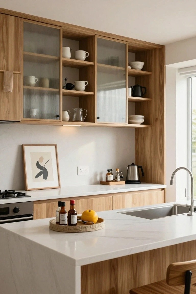 Kitchen island with white quartz countertop, oak wood base and bar stool, woven tray holding small bottles and a lemon, surrounded by oak cabinets with fluted glass doors and white ceramics inside.