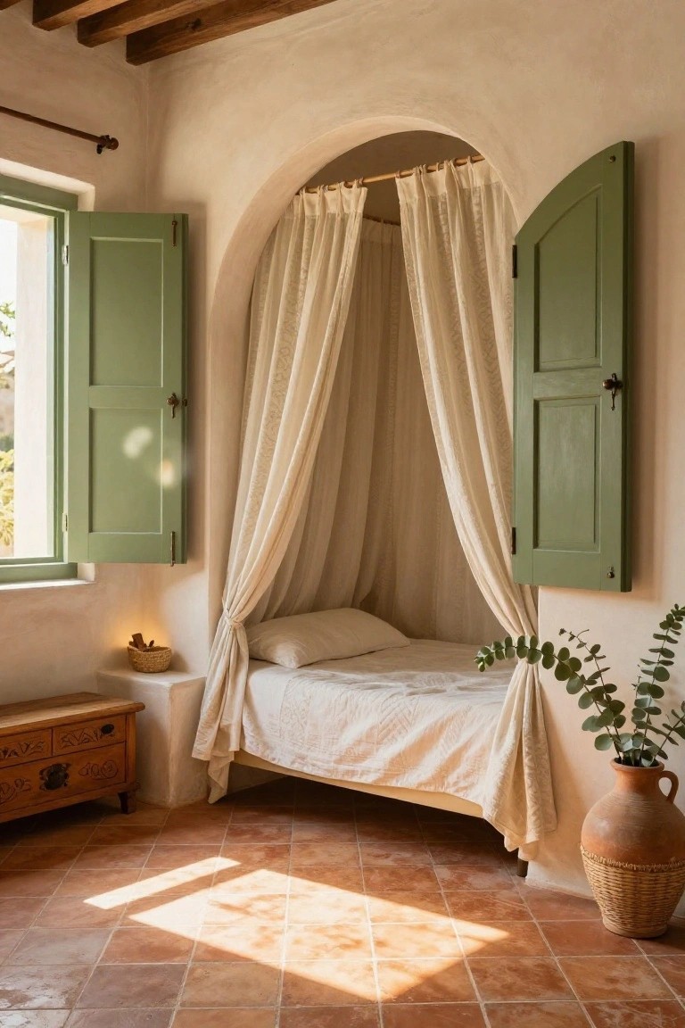 Bedroom alcove featuring a low bed with white bedding and sheer white canopy drapes under an arched opening, flanked by open green shuttered windows, a wooden bench, eucalyptus in a terracotta pot, and woven basket on terracotta tile floor.