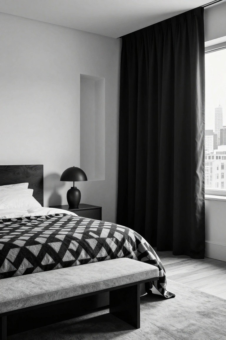 Modern bedroom with black geometric bedding, bench, and dark curtains overlooking city skyline.