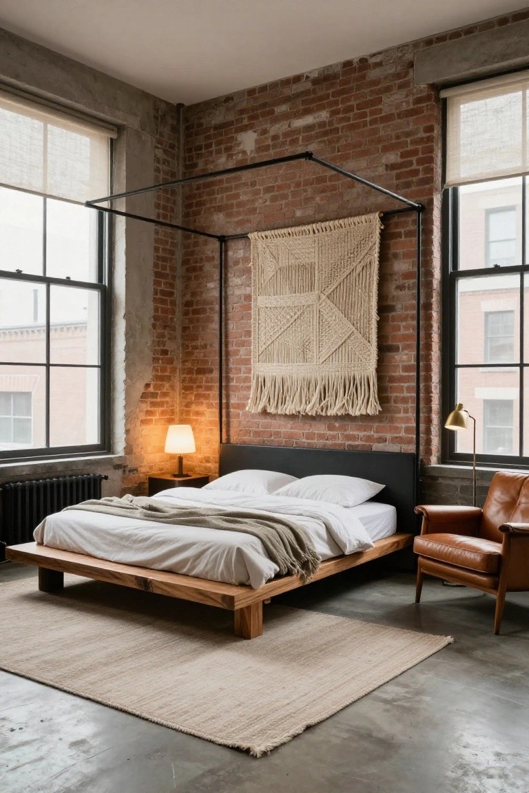 Corner bedroom with low wooden platform bed under black metal canopy frame and white macrame wall hanging on exposed brick wall, large windows with shades, bedside lamp, leather armchair, radiator, and concrete floor.