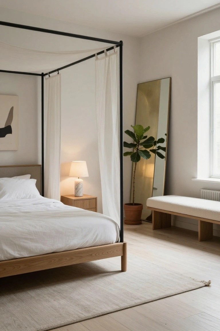 Bedroom interior with black metal canopy bed draped in white sheer curtains, oak nightstand holding marble lamp, tall fiddle leaf fig in terracotta pot, slim gold mirror, wooden bench, and beige rug on light wood floors.
