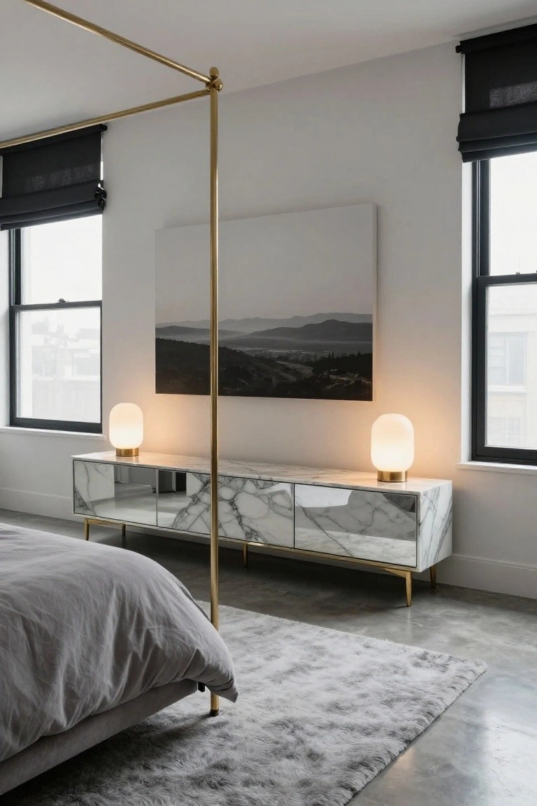 Modern bedroom with marble console, brass floor lamp, and landscape art.
