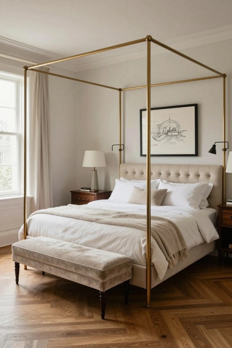 Bedroom interior with gold metal canopy bed frame, beige tufted headboard, white pillows and sheets with light throw, wood nightstands with lamps, framed artwork on wall, bench at bed foot, and herringbone parquet floor.