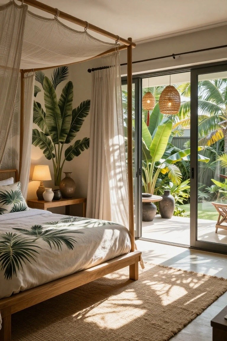 Wooden four-poster canopy bed with sheer white drapes in a bedroom featuring green palm leaf wallpaper, matching bedding, bedside table with lamp and vases, and sliding glass doors open to a tropical garden patio.