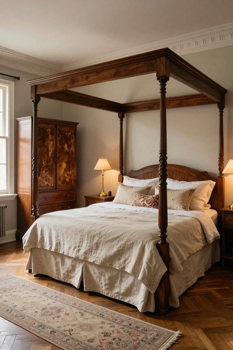 Bedroom interior with a tall dark wooden four-poster canopy bed draped in white linens, wooden armoire and nightstands, two shaded lamps, and a beige patterned runner rug on parquet flooring.