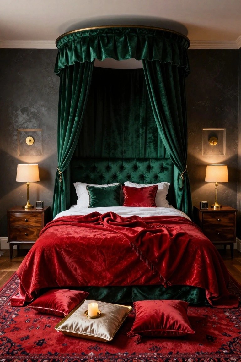 A bedroom with an emerald green velvet canopy bed draped in matching fabric, white sheets under a red velvet duvet and throw, green and red pillows, wood nightstands with lamps, floor pillows, and a red rug on hardwood floors.