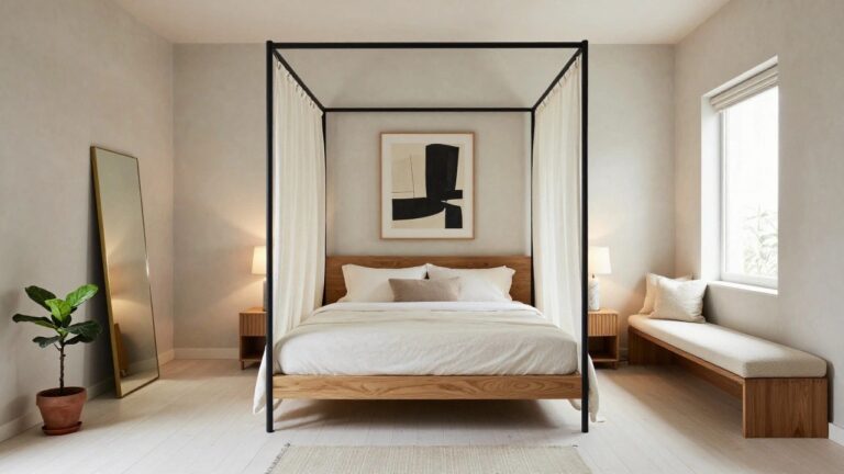 Bedroom interior with black metal canopy bed draped in white sheer curtains, oak nightstand holding marble lamp, tall fiddle leaf fig in terracotta pot, slim gold mirror, wooden bench, and beige rug on light wood floors.