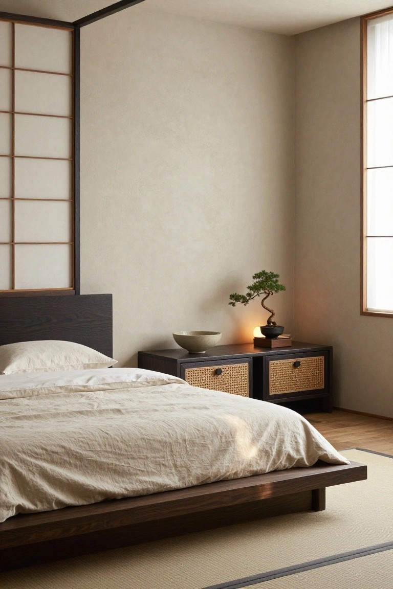 Bedroom corner with low dark wood platform bed draped in white linens under open canopy frame with shoji screens, rattan nightstands with bonsai plant and lamp, tatami floor mat, and window light.
