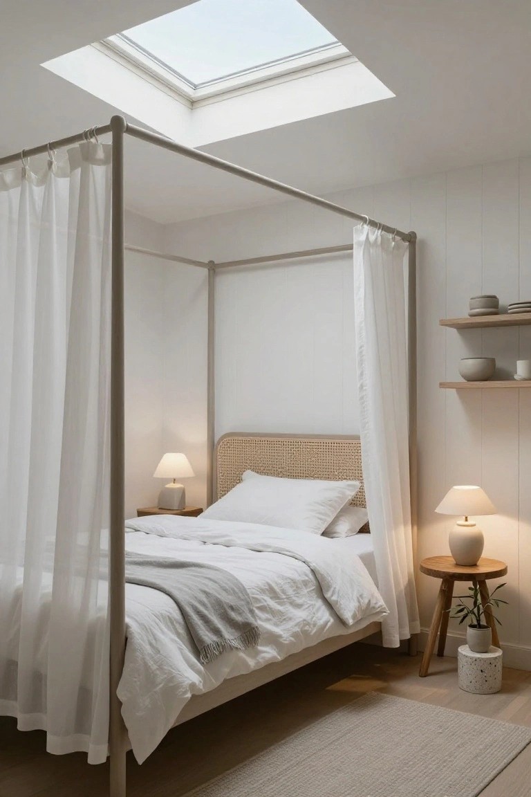 A cozy bedroom with a white metal canopy bed draped in sheer white curtains, a rattan headboard, white bedding, two bedside lamps on wooden tables, floating shelves with ceramics, a potted plant, and a skylight overhead on white walls with light wood floors.