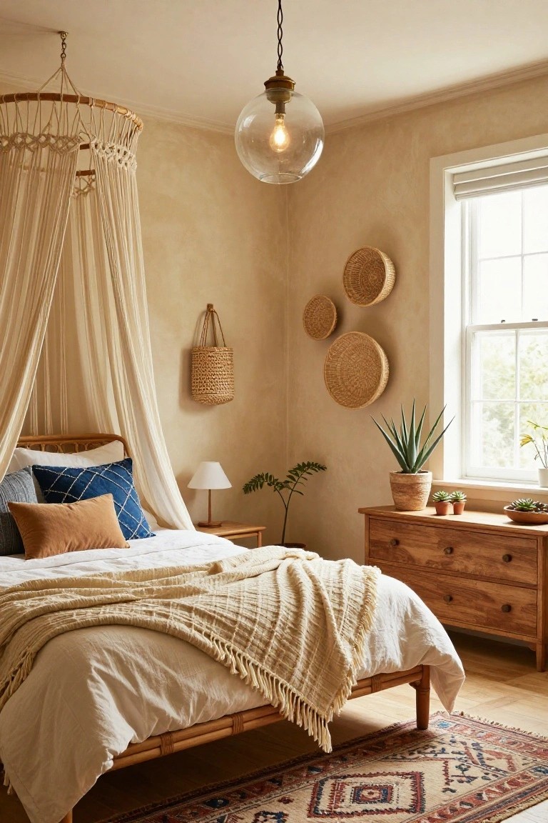 Bedroom corner with rattan bed under sheer canopy from woven hoop ceiling fixture, beige walls, woven wall baskets and hanging bag, plants including agave and succulents, wooden dresser and lamp, colorful rug on wood floor.